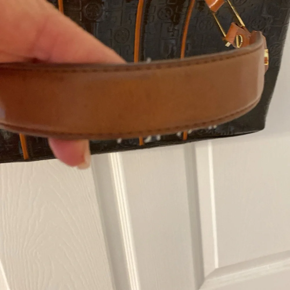 Tory Burch Brown Patent Satchel with Tan Trim
